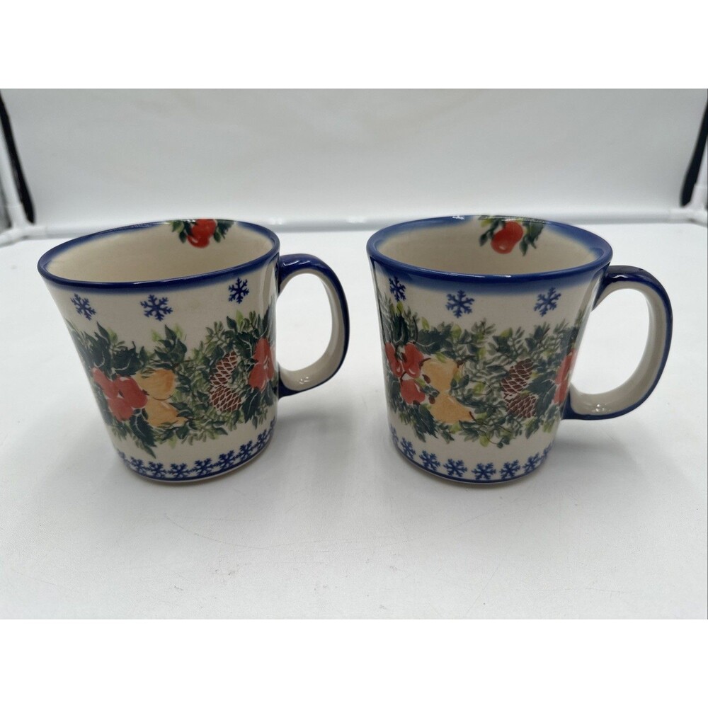 Set of 2 Polish Pottery Fruit Garland Mug Jan Winter Pinecones 14oz Sign Anna K